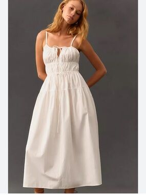 Ciao Lucia Cream Smocked Midi Dress with Tie Front